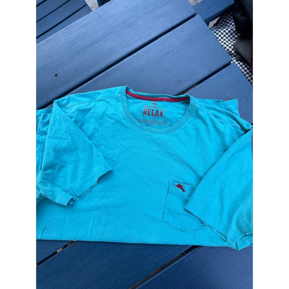 Tommy Bahama Relax Mens L Turquoise Blue Pima Cotton Pocket T-Shirt UPF 50
